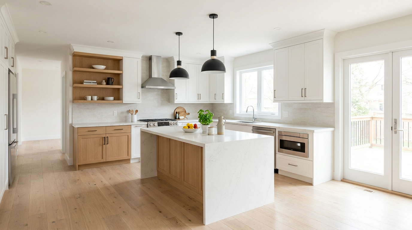 A bright, newly renovated kitchen with a wood island, white cabinetry, and oak floors